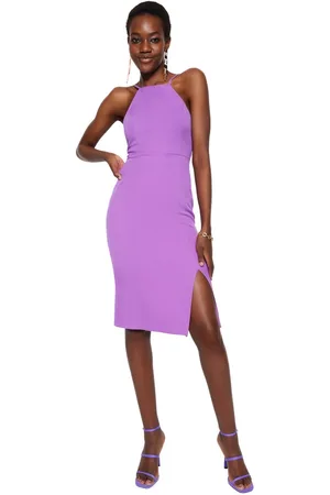 Trendyol Paarse Bodycon Midi-Kokerrok Met Split En Halternek, Geweven Jurk Twoss19Bb0501
