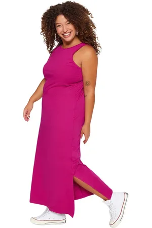 Trendyol Shift Crew Neck Slit Maxi/Lange Gebreide Jurk Van 100% Katoen Tbbss22Ah0162