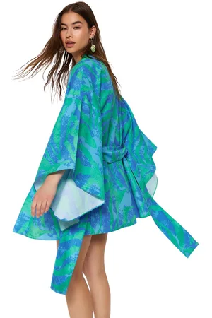 Trendyol Tropisch Patroon, Geplooide Mini Geweven Strandkimono En Kaftan Tbess23Km00024
