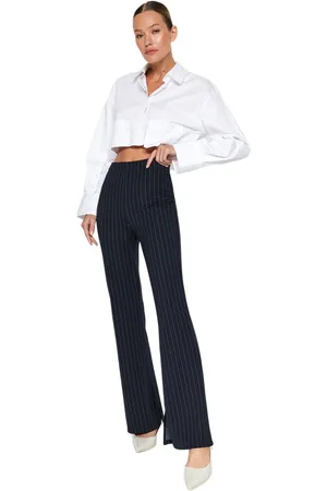 Trendyol Marineblauw Smart Met Sleuven Flare/Flare Spaanse Been Hoge Taille Gestreepte Gebreide Leggings Broek Twoss23Pl00126