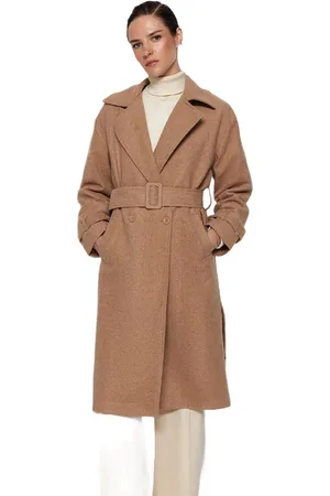 Trendyol Grijze Oversized Lange Wollen Cachetjas Met Wijde Ceintuur Twoaw22Kb0015
