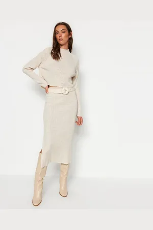 Trendyol Camel Crop Basic Rok Breiwerk Onder-Top Set Twoaw23Au00170
