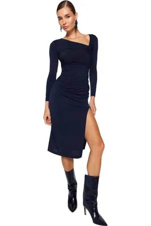 Trendyol Marineblauwe Midi-Jurk Met Asymmetrische Kraag En Split Twoaw24El00118