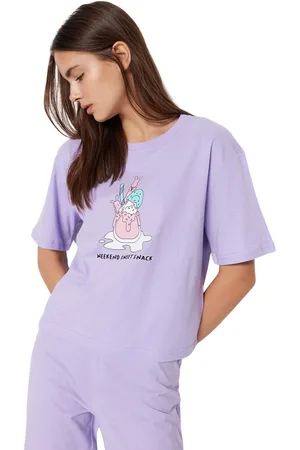 Trendyol Lila 100% Katoenen Leuke Bedrukte T-Shirt-Broek Gebreide Pyjamaset Thmss23Pt00134