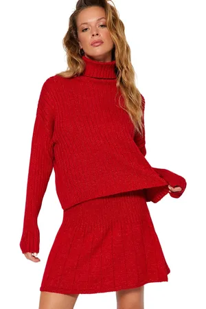 Trendyol Tegel Crop Super Wide Patroon Zachte Textuur Geplooide Rok Breiwerk Onder-Top Set Twoaw24Au00019