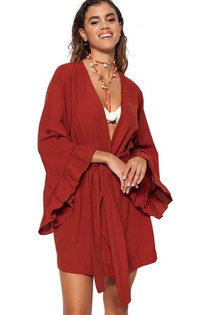 Trendyol Zwarte Riem Geweven Flounce Mini Strand Kimono & Kaftan Tbess21Km0002