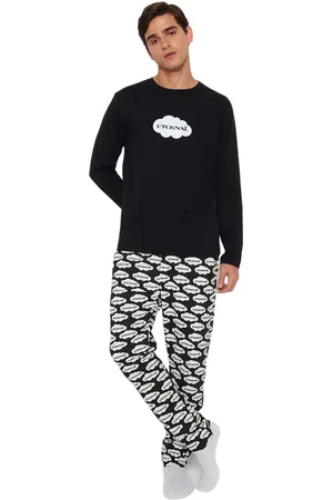 Trendyol Zwarte Unisex Regular Fit Gebreide 100% Katoenen Pyjama Set Tmnaw24Pt00006