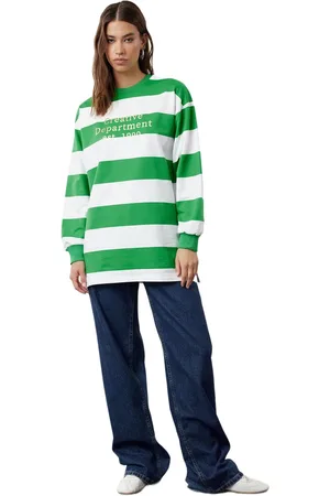 Trendyol Marineblauwe Oversized Gebreide Gestreepte Tuniek Met Print Tctss23Uk00041