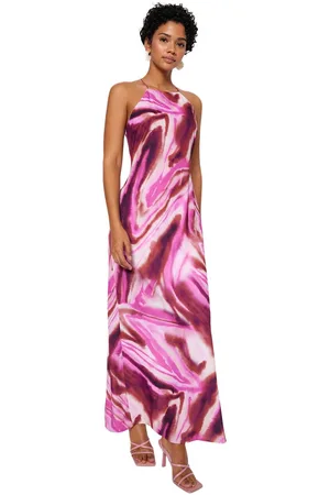 Trendyol Roze Batik-Patroon Rechte Mouwloze Maxi-Jurk Met Voering Van Satijn En Geweven Stof Twoss23El02238