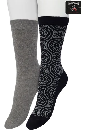 Bonnie Doon Dames Sokken set Zwart maat 36/42 - 2 paar - Effen en Print - Bloem - Gladde Naden - Brede Boord - Uitstekend Draagcomfort - Perfecte Pasvorm - 2-pack - Multipack - Effen - Ornament Tile - Grijs - - OL211501.101