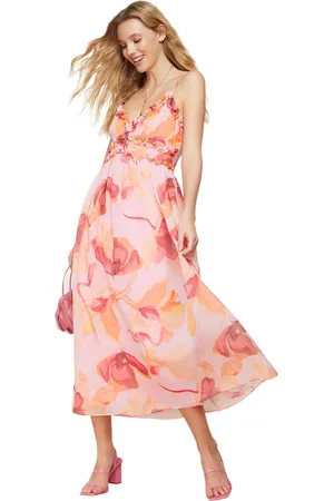 Trendyol Fuchsia Bloemenprint A-Lijn Ruches Gedetailleerde Gevoerde Chiffon Maxi Geweven Jurk Twoss23El02013