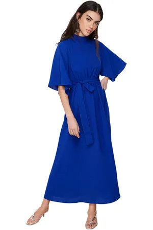 Trendyol Saxe Blauwe Geweven Jurk Met Riem En Halve Mouwen Tctss24Db0009