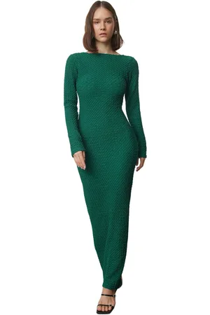 Trendyol Smaragdgroene Effen Getextureerde Maxi-Gebreide Jurk Twoaw25El00097