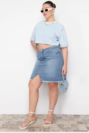 Trendyol Lichtblauwe Kokerrok Van Denim Met Hoge Taille Tbbss23Az00006