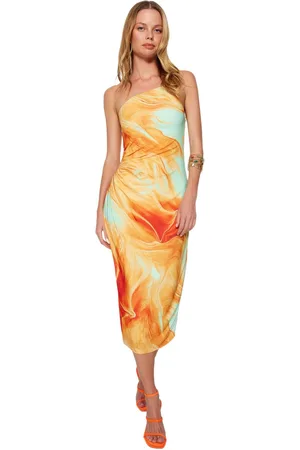 Trendyol Bedrukte Bodycon Midi-Jurk Met Één Schouder En Verstelbare Bandjes, Gebreide Kokerjurk Twoss23El01577
