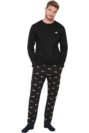 Trendyol Zwarte 100% Katoenen Regular Fit Gebreide Pyjamaset Van 100% Katoen Met Dierenmotief Tmnaw23Pt00157