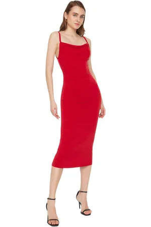 Trendyol Bruine Midi Flexibele Gebreide Kokerjurk Met Aansluitende Kraag Twoss19Ad0020