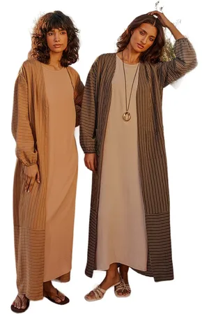 Trendyol Kameel Lange Linnenlook Gestreepte Geweven Pet & Abaya & Abaya Tctss24Kf00003