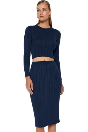 Trendyol Marineblauwe Cropped Gebreide Tweedelige Set Twoaw24Au00003