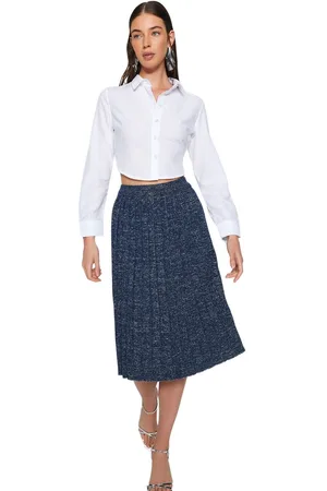 Trendyol Marineblauwe Midi-Glitterende Geplooide Gebreide Rok Twoaw24Et00000