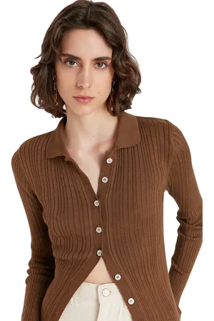 Trendyol Bruine Gemerceriseerde Look Geribbelde Polokraag Gebreide Cardigan Twoaw20Hi0070