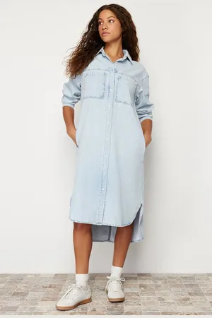 Trendyol Blauwe Denim Maxi-Overhemdjurk Twoss24El00465