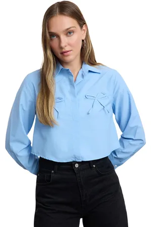 Trendyol Blauwe Zak Met Strikdetail Crop Geweven Shirt Tweeaw25Go00095