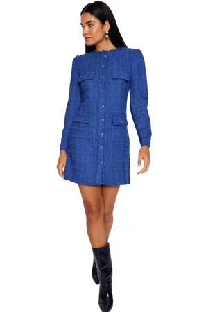 Trendyol Saks Recht Gesneden Tweed Jasje Geweven Jurk Twoaw24El00405
