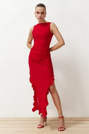 Trendyol Fuchsia Bodycone Nul Mouw Split Ruche Gedetailleerde Rekbare Dikke Zandkleurige Maxi Kokerjurk Twoss24El00688