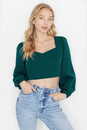 Trendyol Zwarte Cropped Geweven Blouse Met Hartvormige Hals En Lange Mouwen Twoss21Bz0236