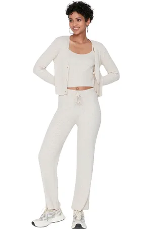 Trendyol Blauw Geribbeld Blousevest, Broek, Gebreide Kleding, Tweedelige Set Twoaw22Au0006