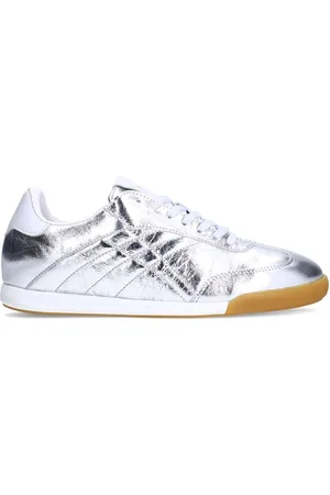 Manfield Dames - Zilveren leren metallic sneakers