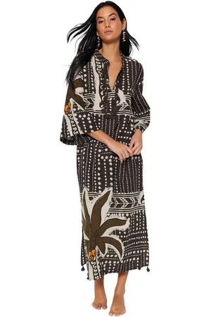 Trendyol Zwarte Gestreepte Maxi Geweven 100% Katoenen Kwastjes Strand Kimono&Kaftan Tbess20Km0024