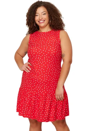 Trendyol Zwarte Polka Dot Print Zero Sleeve Flounce Shift/Effen Mini Stretch Knit Plus Size Jurk Tbbss24Ah00131