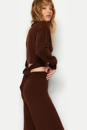 Trendyol Beige Tie Detail Crop Knitwear Bottom-Top Set Twoaw21Au0093