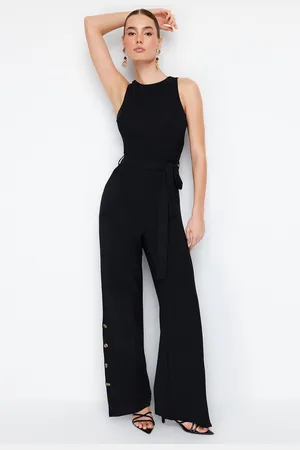 Trendyol Zwarte Maxi-Geweven Maxi-Jumpsuit Met Riem En Drukknopen En Wijde Pijpen Twoss23Tu00115