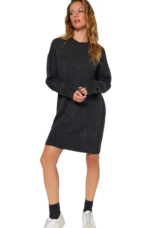 Trendyol Antraciet Mini Knitwear Super Wide Pattern Zachte Textuur Jurk Twoaw24El00035