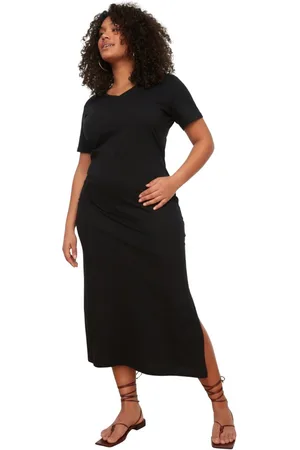 Trendyol Zwarte V-Hals Split Maxi/Lange 100% Katoenen Gebreide Jurk Tbbss22Ah0163