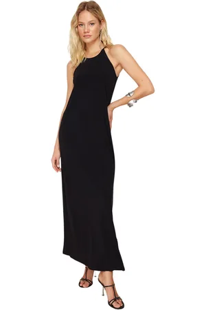 Trendyol Zwarte Abstracte Halternek A-Lijn/Belopening Stretchy Maxi Gebreide Kokerjurk Twoss24El00558