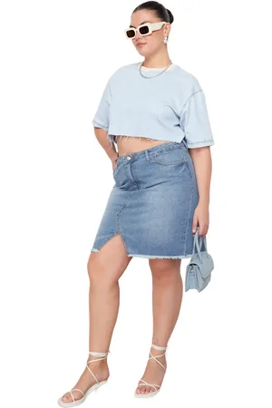 Trendyol Lichtblauwe Kokerrok Van Denim Met Hoge Taille Tbbss23Az00006