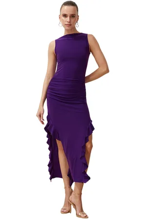 Trendyol Fuchsia Bodycone Nul Mouw Split Ruche Gedetailleerde Rekbare Dikke Zandkleurige Maxi Kokerjurk Twoss24El00688