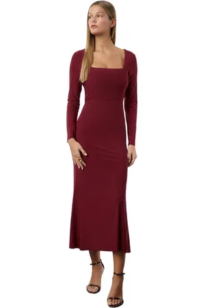 Trendyol Bruine Maxi Flounce Vierkante Hals Lichaam-Gladmakende Flexibele Gebreide Jurk Twoaw24El00613