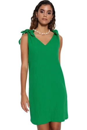 Trendyol Groene Mini Geweven Strandjurk Met Strik Tbess23El00108