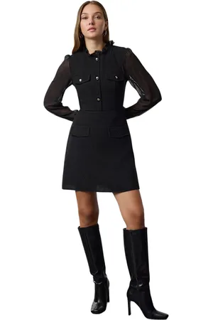 Trendyol Zwarte Chiffon Gedetailleerde Mouw Skater/Taille Opening Staande Kraag Tweed Mini Geweven Jurk Twoaw25El00257