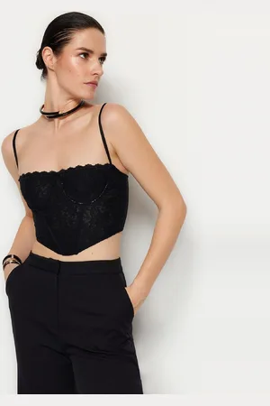 Trendyol Zwart Crop-Gevoerd Korset Gedetailleerde Gebreide Kanten Bustier Tpraw23Bs00062