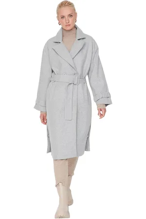 Trendyol Grijze Oversized Lange Wollen Cachetjas Met Wijde Ceintuur Twoaw22Kb0015