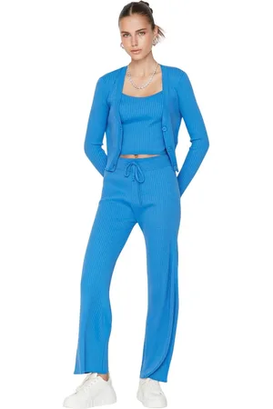 Trendyol Blauw Geribbeld Blousevest, Broek, Gebreide Kleding, Tweedelige Set Twoaw22Au0006