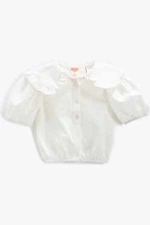 Koton Shirt Crop Babykraag Korte Ballonmouwen, Elastische Taille