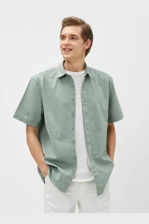 Koton 3Sam60002Hw 786 Groen Katoenen Geweven Topshirt Voor Heren