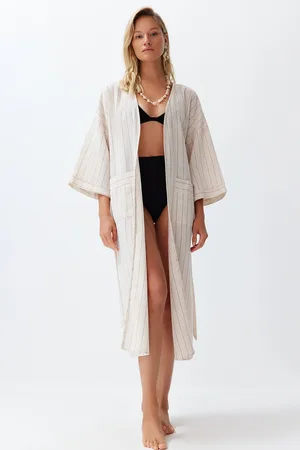 Trendyol Gestreepte Maxi-Jurk Met Riem Van Geweven Linnenmix Strandkimono En Kaftan Tbess24Km00027
